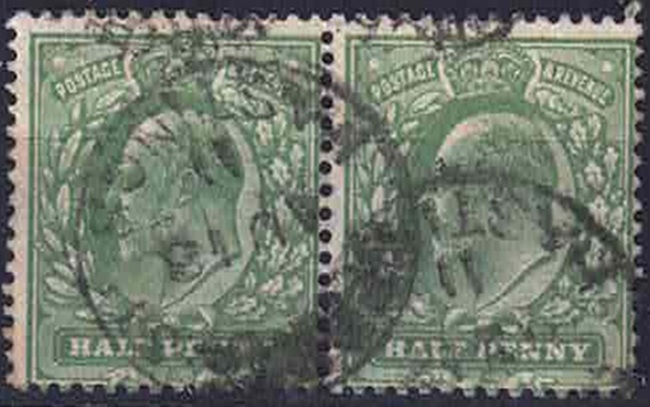 edvii-1911-harrison-1-2d-perf-14-pair-deep-dull-yellow-green-blotchy-print-used