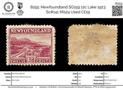 8255-newfoundland-sg159-12c-lake-1923-sc-141-mi124-used-c19