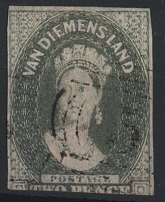 tasmania-1857-2d-slate-green-wmk-2-sg34-imperf-fu-3-good-margins-c100