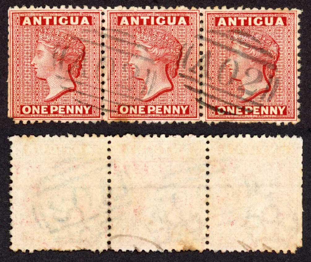 antigua-sg13-1d-lake-wmk-crown-cc-perf-12-5-strip-cat-51-pounds