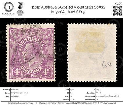 9169-australia-sg64-4d-violet-1921-sc-32-mi37xa-used-c15