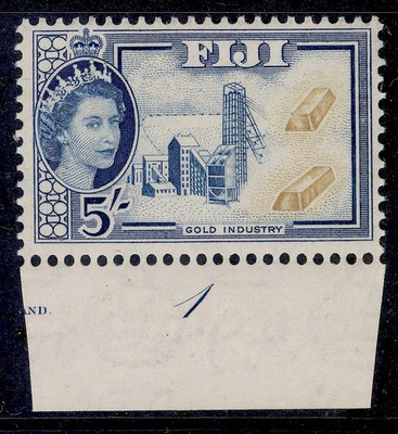 fiji-qeii-sg293-5s-ochre-blue-nh-mint-plate-1-marginal
