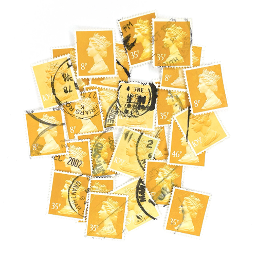 25-x-yellow-tones-used-british-machin-postage-stamps-off-paper