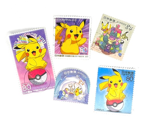pikachu-pokemon-5-x-used-japanese-postage-stamps-all-off-paper-japan