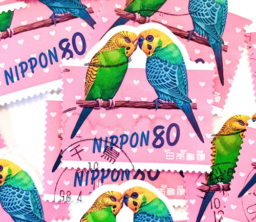 5-x-parrots-used-japanese-postage-stamps-all-off-paper-pink-love-heart