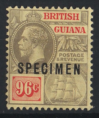 british-guiana-1913-96c-black-vermilion-pale-yellow-sg269c-ovpt-specimen-vf