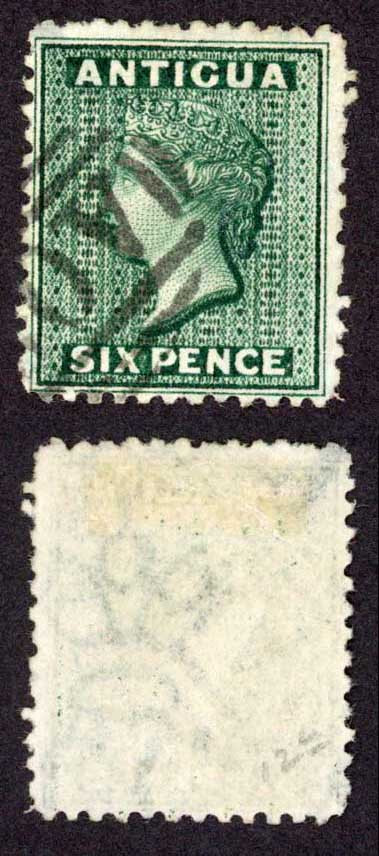 antigua-sg15x-6d-blue-green-wmk-crown-cc-reversed-perf-12-5-thin-cat-14-pounds