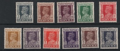 india-1939-officials-set-of-11-3p-8a-vf-mint-1a-gum-bend-sgo140-o150