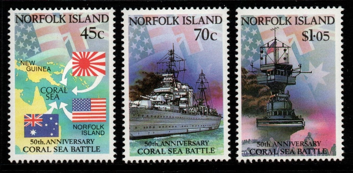 norfolk-island-sg528-30-1992-battle-of-the-coral-sea-mnh