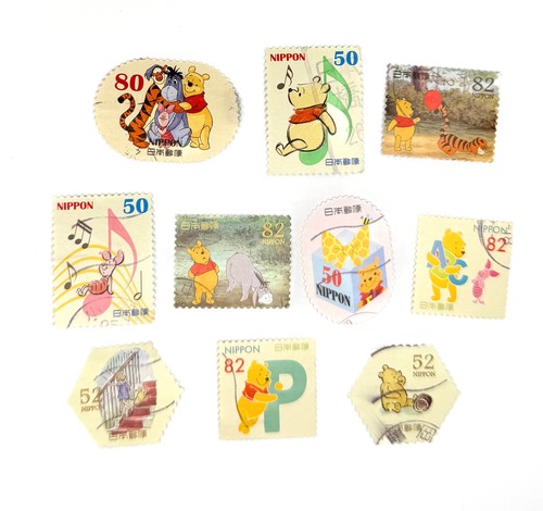 10-x-winnie-the-pooh-used-japanese-postage-stamps-all-off-paper