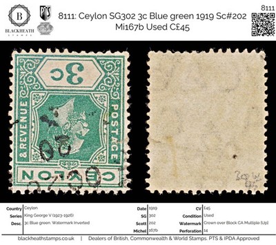 8111-ceylon-sg302-3c-blue-green-1919-sc-202-mi167b-used-c45