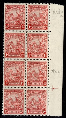 barbados-gv-sg231c-1d-scarlet-nh-mint-cat-136-p13x12-block-x8