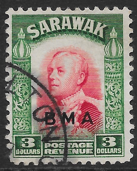 sarawak-sg142-1945-bma-3-carmine-green-used