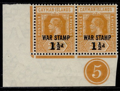 cayman-islands-gv-sg59-1d-on-2d-orange-nh-mint-plate-5-corner-pair