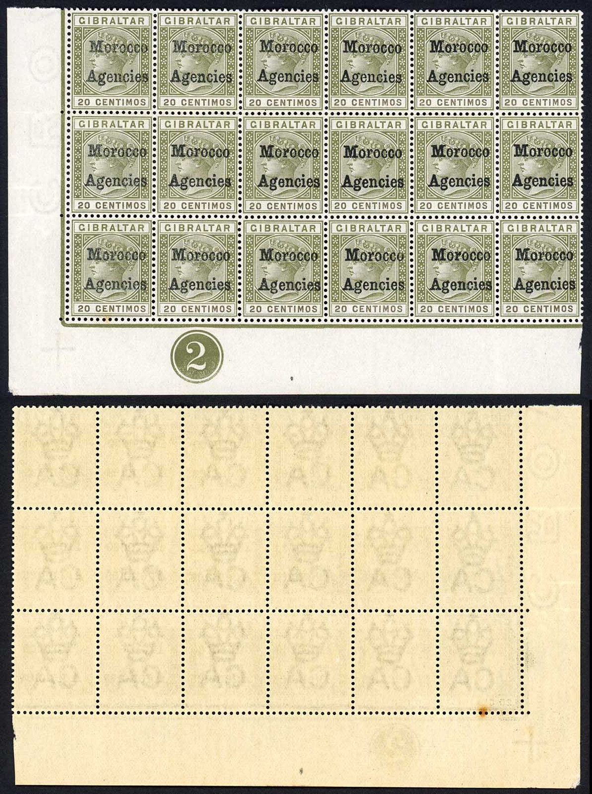 morocco-agencies-sg3-20c-olive-green-and-brown-plate-block-of-18-u-m