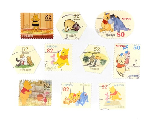 10-x-winnie-the-pooh-used-japanese-postage-stamps-all-off-paper