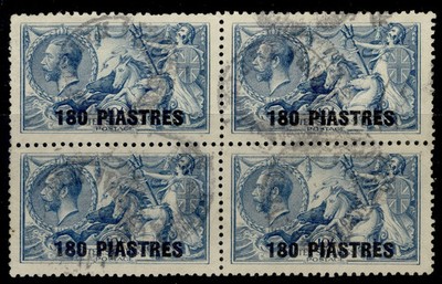 british-levant-gv-sg50-180pi-on-10s-dull-grey-blue-used-cat-180-block-x4