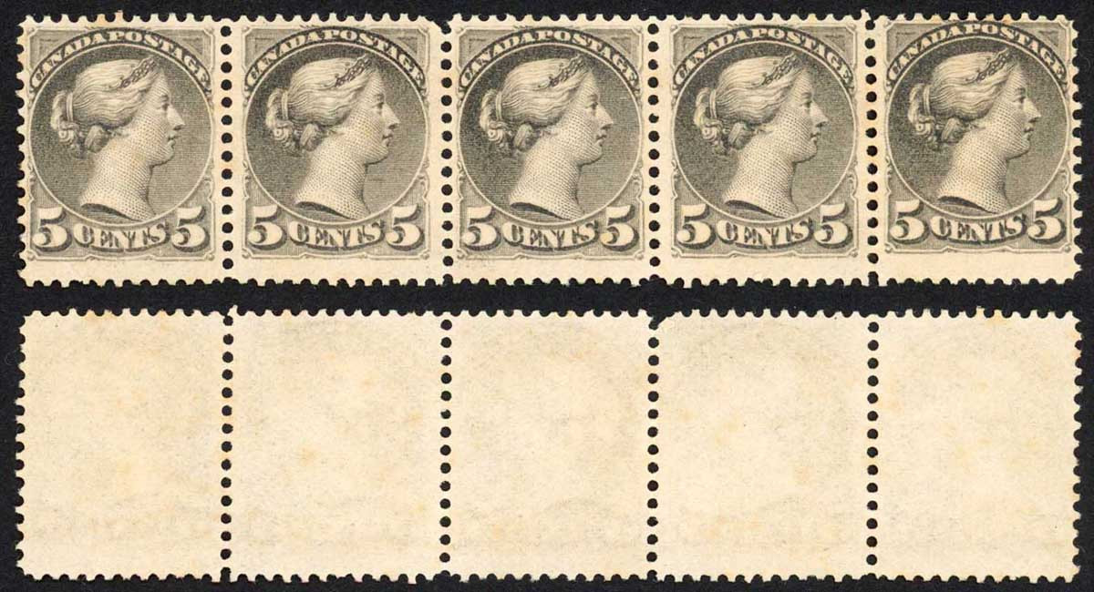 canada-sg106-5c-brownish-grey-un-used-no-gum-strip-of-5-cat-750-pounds