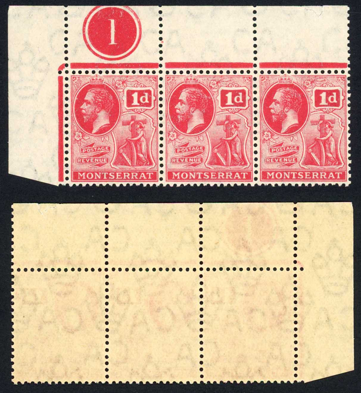 montserrat-sg50a-1d-carmine-red-u-m-plate-strip-mounted-in-margin-cat-120-pou