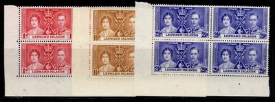 leeward-islands-gvi-sg92-94-1937-coronation-set-lh-mint-marginal-plate-blocks