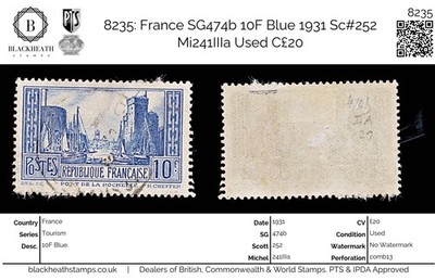 8235-france-sg474b-10f-blue-1931-sc-252-mi241iiia-used-c20