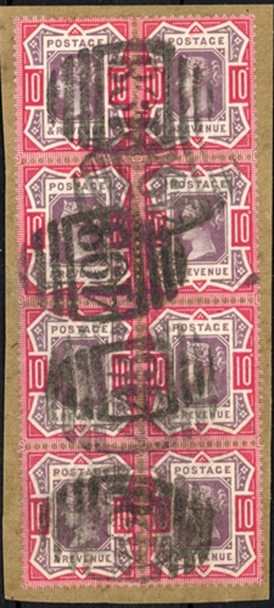 10d-purple-carmine-a-block-of-eight-2x4-on-small-piece-with-498-in-oval-of-bars-cancellations-of-manchester-scarce