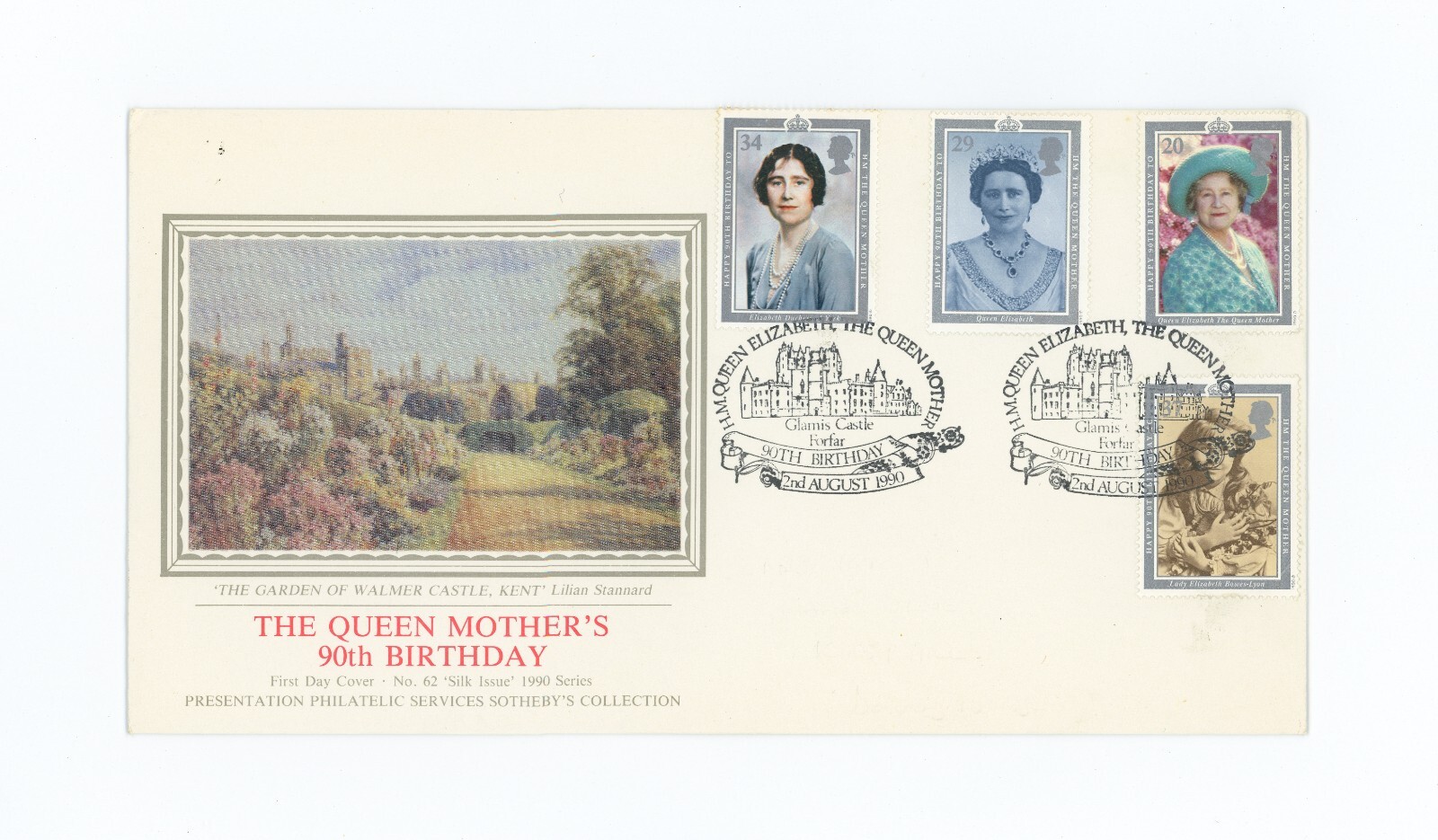 pps-sothebys-silk-no-62-fdc-gb-1990-queen-mother-s-90th-glamis-castle-ref-h2