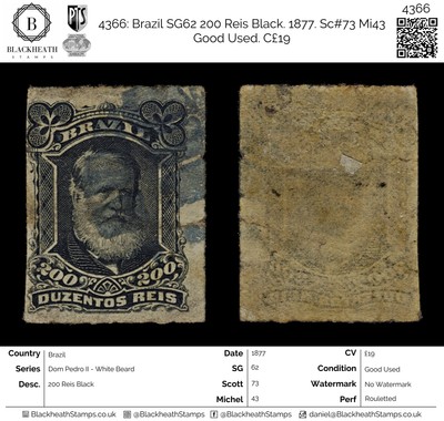4366-brazil-sg62-200-reis-black-1877-sc-73-mi43-good-used-c19