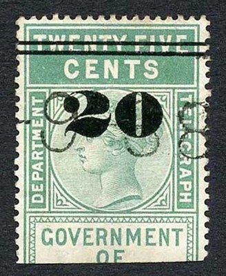 ceylon-qv-sgt30-20c-on-25c-green-telegraph-stamp-wmk-crown-ca-narrow