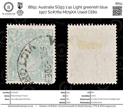 8651-australia-sg93-1-4s-light-greenish-blue-1927-sc-76a-mi79xa-used-c80