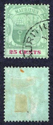 mauritius-sg151a-25c-green-and-carmine-green-chalky-used-cat-30-pounds
