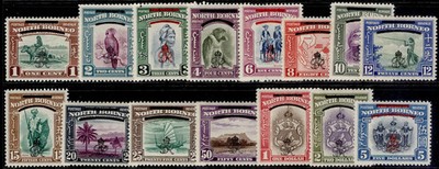 north-borneo-gvi-sg335-349-1947-complete-set-m-mint-cat-110