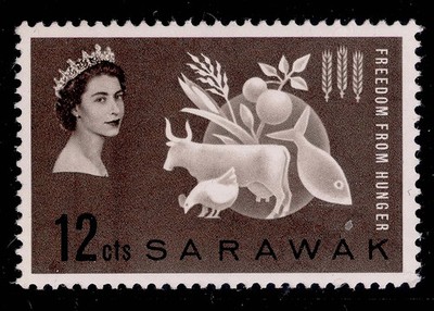 sarawak-qeii-sg203-12c-sepia-nh-mint