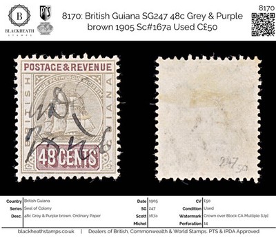 8170-british-guiana-sg247-48c-grey-purple-brown-1905-sc-167a-used-c50