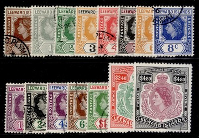 leeward-islands-qeii-sg126-140-1954-complete-set-fine-used-cat-40