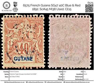 6575-french-guiana-sg47-40c-blue-red-1892-sc-45-mi38-used-c15