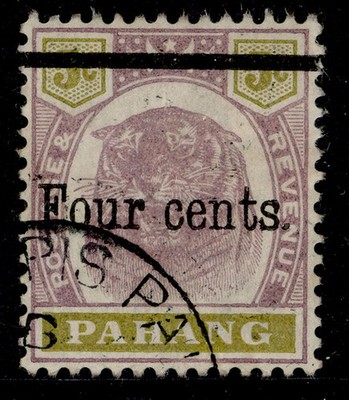 malaysia-pahang-qv-sg28-4c-on-5c-dull-purple-olive-yellow-fine-used