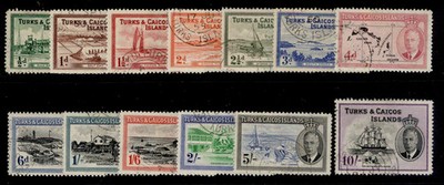 turks-caicos-gvi-sg221-233-1950-complete-set-fine-used-cat-65