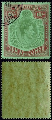 bermuda-sg119b-10-yellow-green-and-carmine-green-line-perf-14-25-cat-120-pound