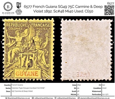 6577-french-guiana-sg49-75c-carmine-deep-violet-1892-sc-48-mi40-used-c50