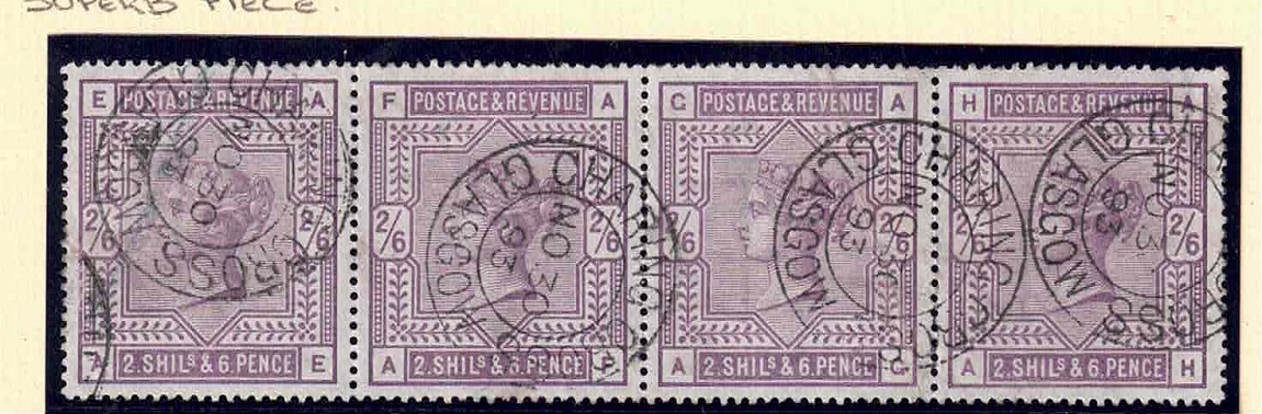 qv-1883-84-sg178-strip-of-4-with-charing-cross-glasgow-cds-diagonal-bend-on-stamp-a-g