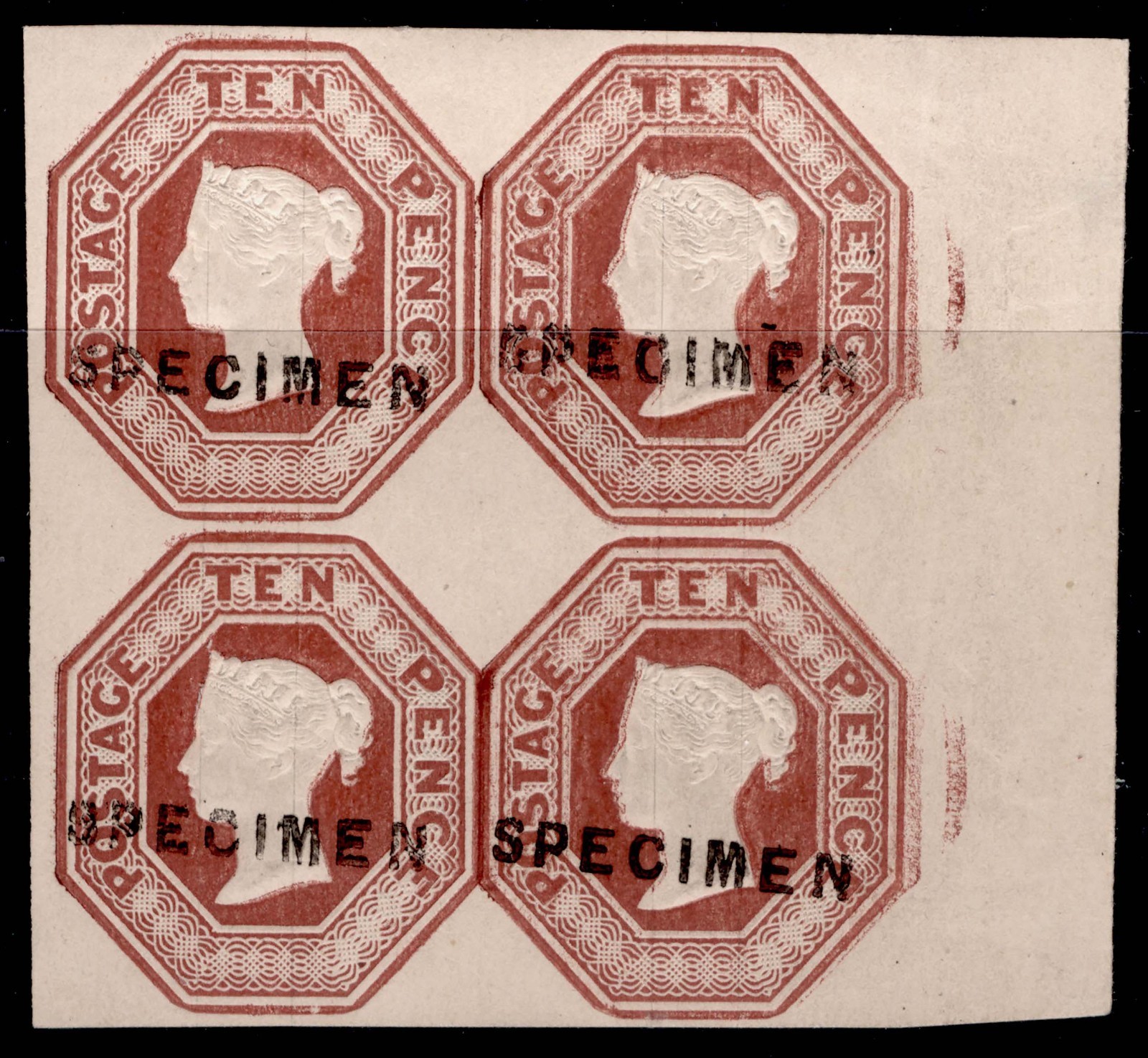 gb-qv-sg57s-10d-brn-cut-square-specimen-lh-mint-cat-12000-marginal-block-of-4