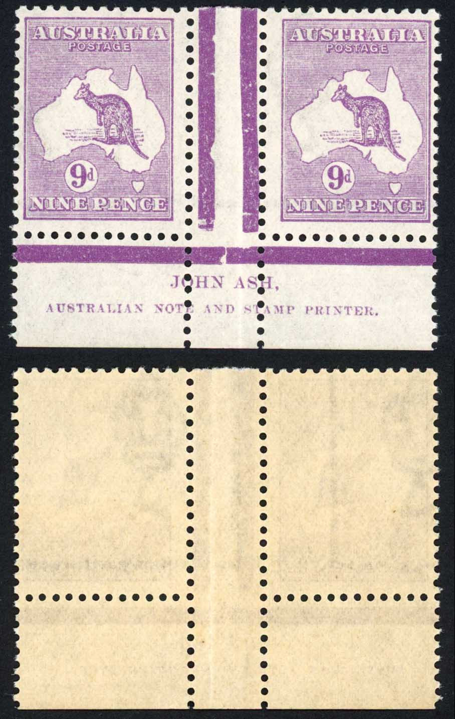 australia-1929-30-sg-108-9d-violet-kangaroo-john-ash-gutter-imprint-pair-um