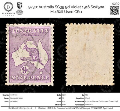 9230-australia-sg39-9d-violet-1916-sc-50a-mi46xii-used-c11