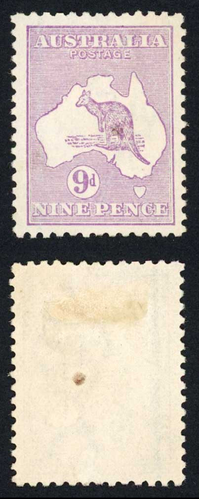 australia-sg39-9d-violet-kangaroo-3rd-wmk-mint-brown-mark-on-back-cat-65-pound