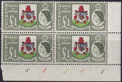bermuda-1953-1-arms-plate-block-of-4-with-colour-shift