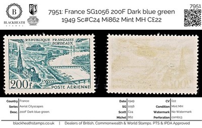 7951-france-sg1056-200f-dark-blue-green-1949-sc-c24-mi862-mint-mh-c22