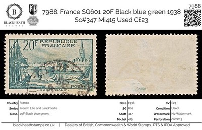 7988-france-sg601-20f-black-blue-green-1938-sc-347-mi415-used-c23