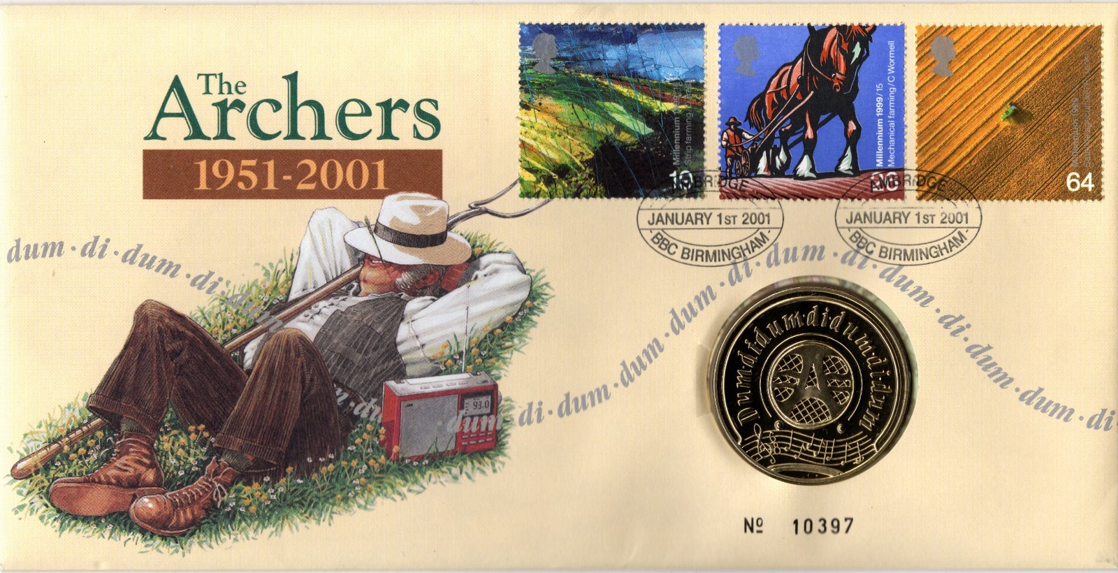 coin-first-day-cover-the-archers-50th-anniversary-cover-with-medallion-no-10397