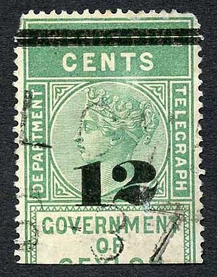 ceylon-qv-sgt23-12c-on-25c-green-telegraph-stamp-wmk-crown-ca-narrow